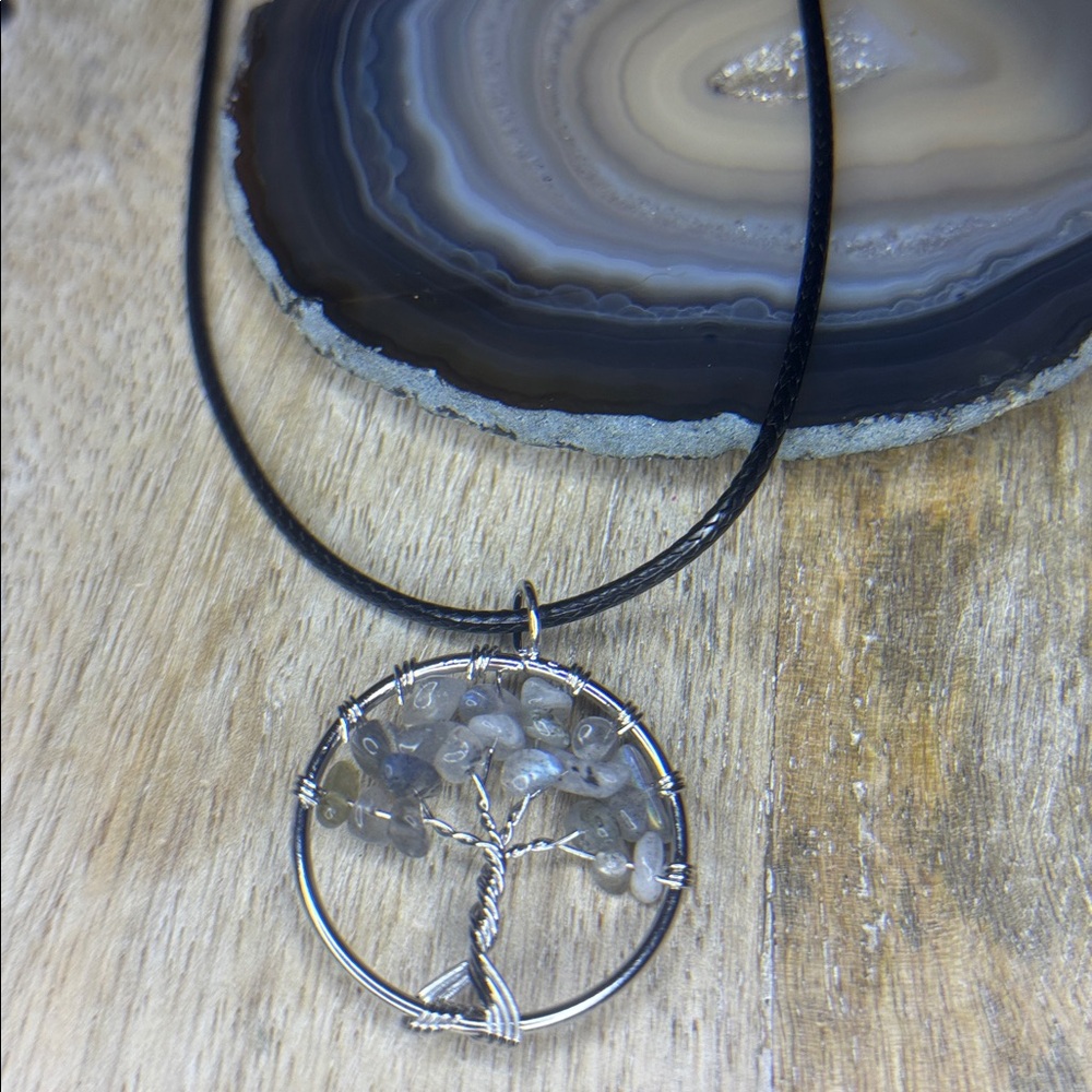 Labrodite, Silver Wrapped Tree Of Life Round Pendant Necklace On Black Cord